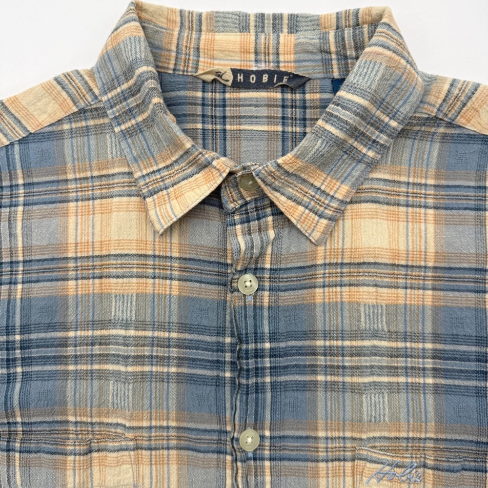 Hobie Button Down Shirt Men Large Blue Plaid Short Sleeve Cotton Surf Casual